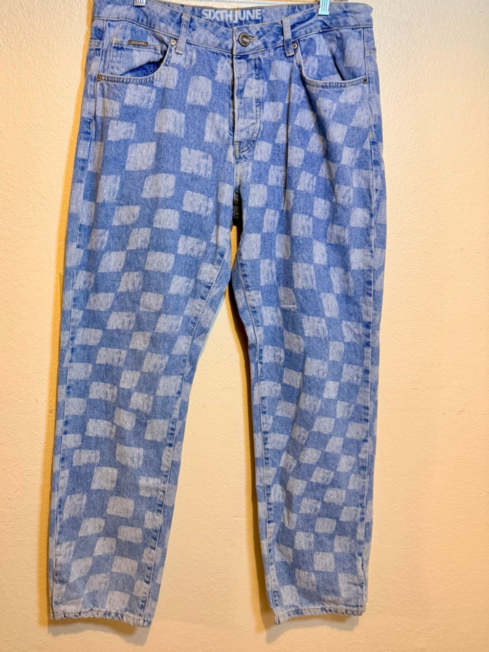 Men's Blue Checkerboard Jeans by Sixth June